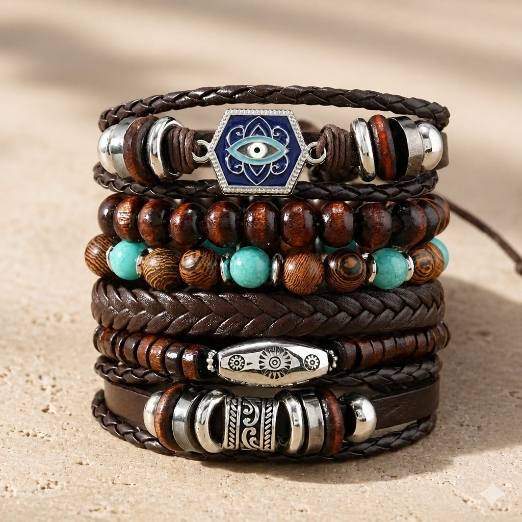 6-Piece Evil Eye Charm Layered Leather Bracelet Set with Turquoise Beads — view 2
