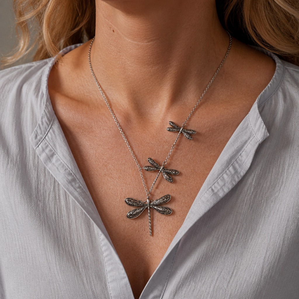 Dragonfly Pendant Necklace with Three Layered Silver-Tone Charms — main image