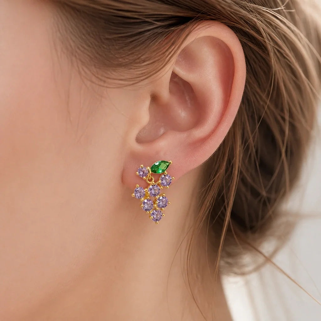 Amethyst Cluster Drop Earrings with Gold-Tone Leaf Accent