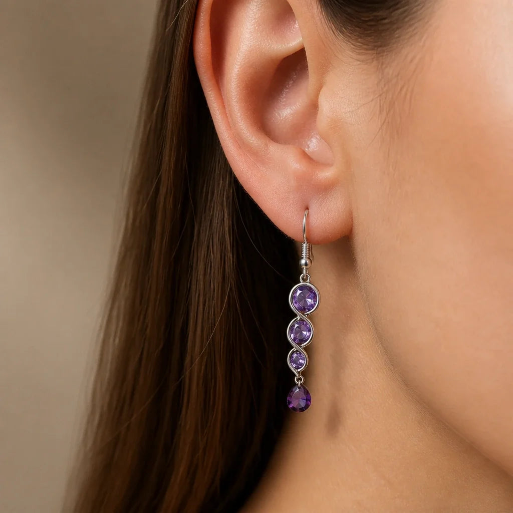 Teardrop Amethyst Drop Earrings with Linked Round Stones