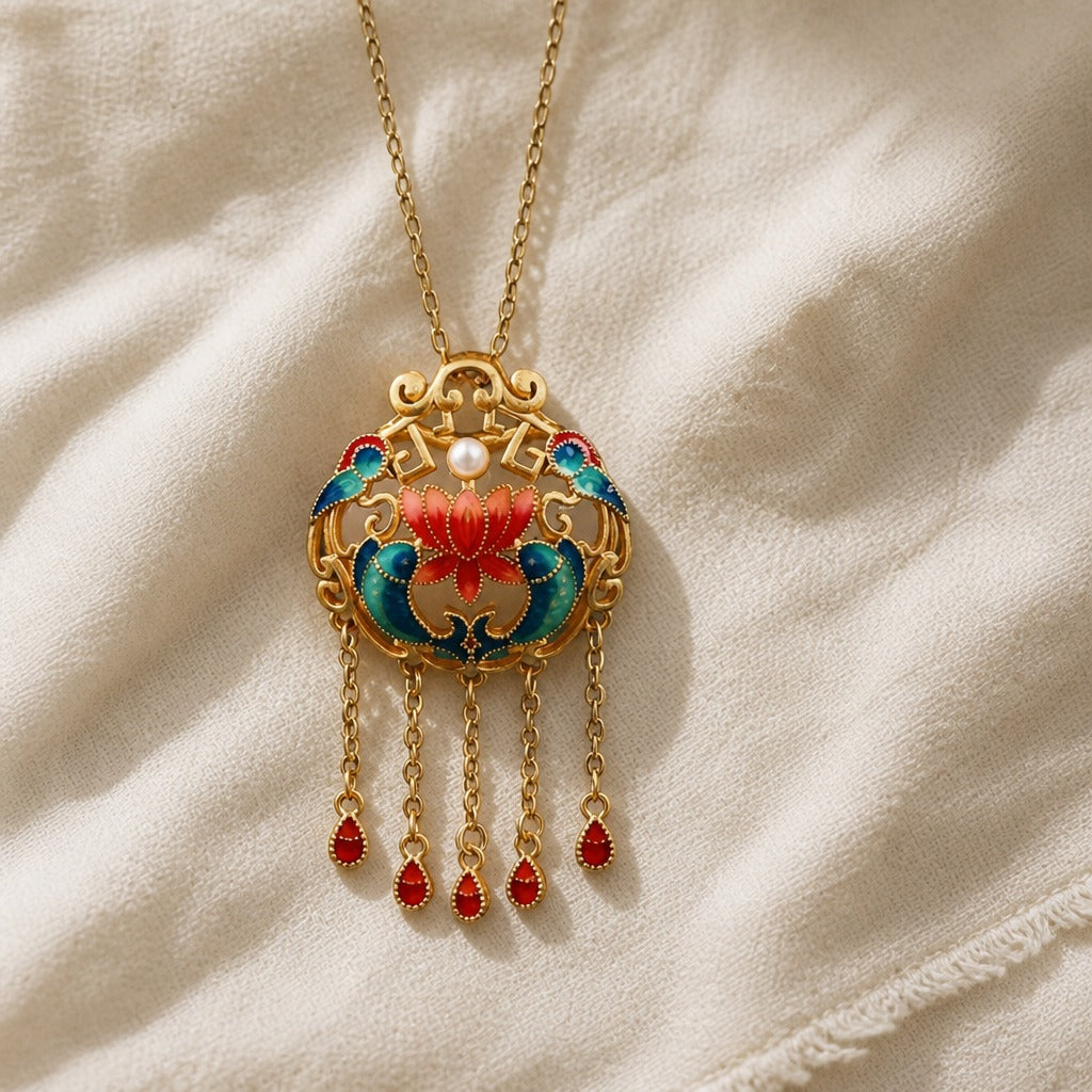 Filigree Flower Pendant Necklace with Pearl Accent and Tassel Fringe — view 2