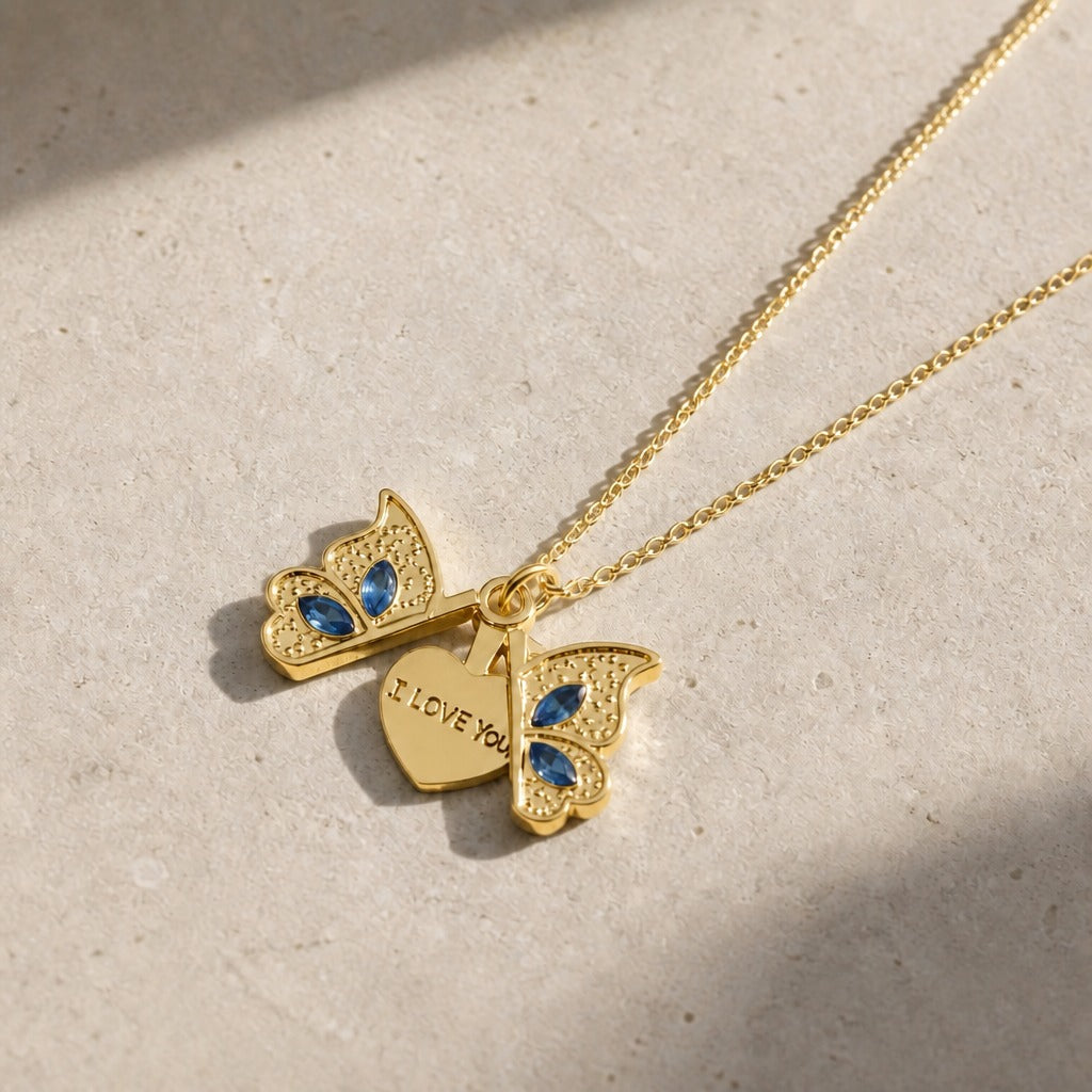 Butterfly Locket Pendant Necklace with Blue Stone Accents — view 3