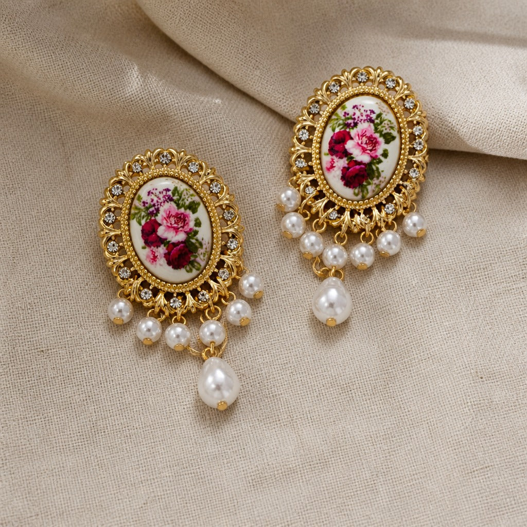 Floral Cameo Chandelier Drop Earrings with Pearl Beads and Crystal Accents — view 2