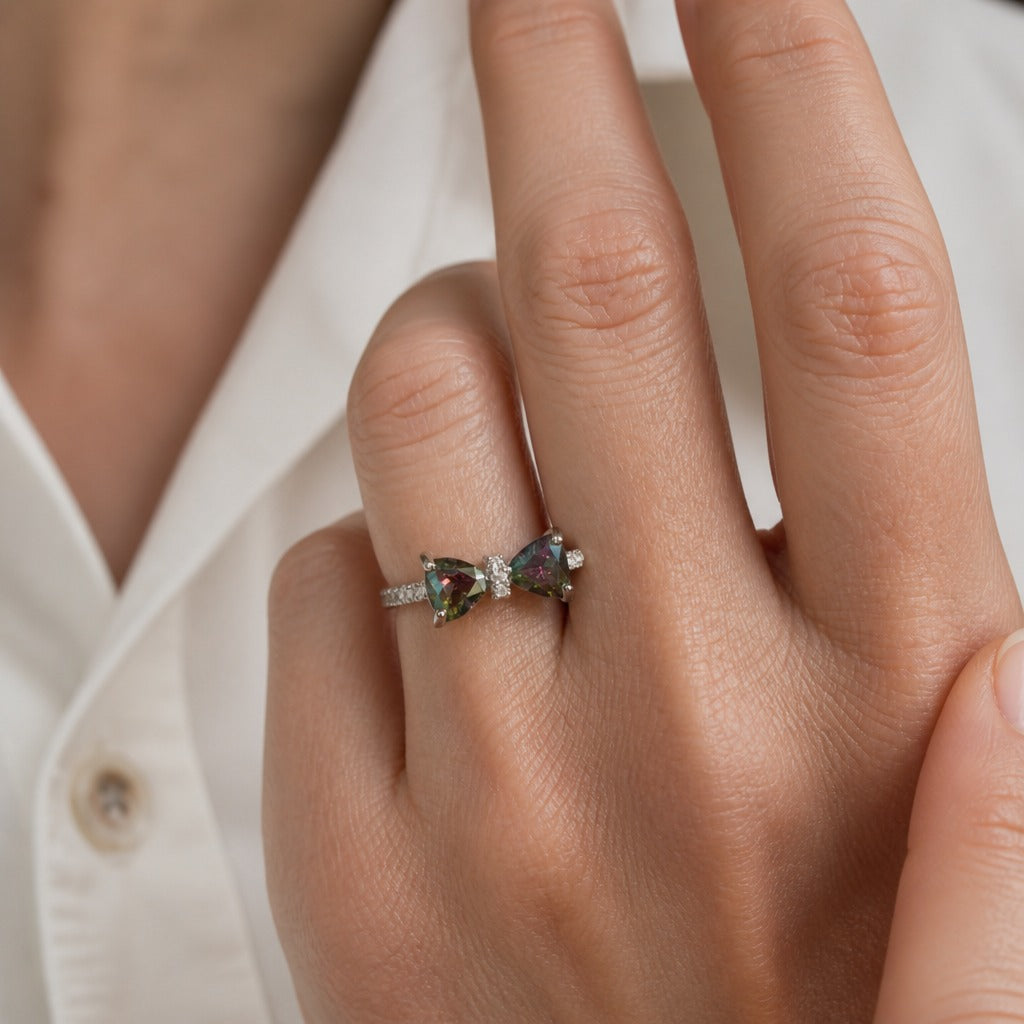 Butterfly Iridescent Zirconia Ring with Silver Open-Work Band — main image
