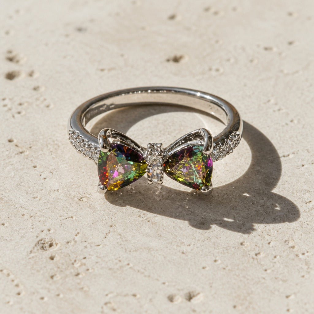 Butterfly Iridescent Zirconia Ring with Silver Open-Work Band — view 2