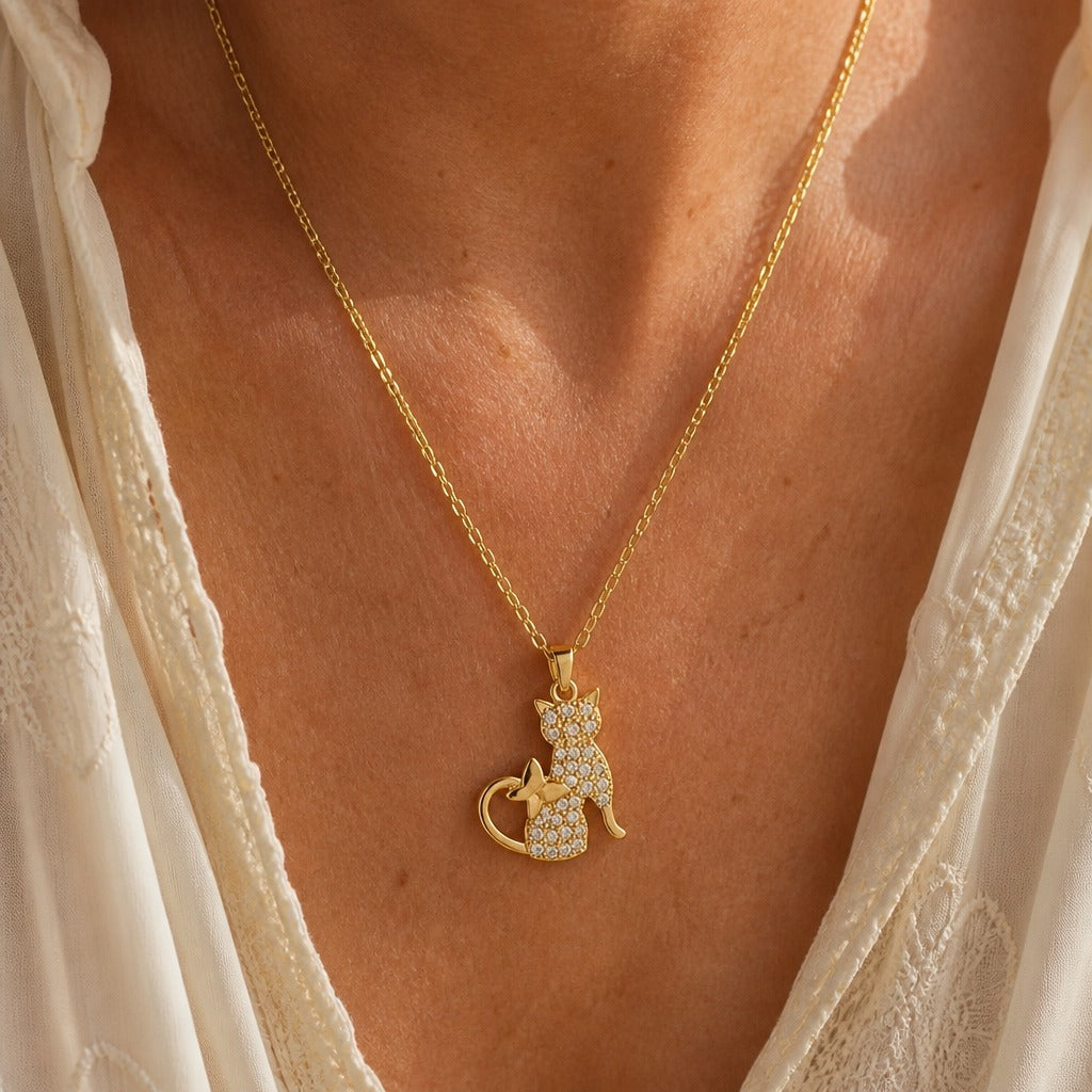 Cat Silhouette Crystal Pendant Necklace with Heart Cutout — main image