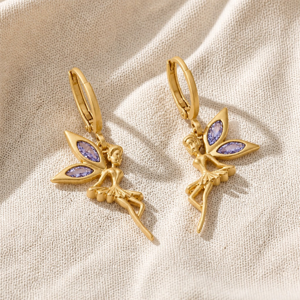 Fairy Charm Hoop Earrings with Purple Gemstone Wings in Gold Tone — view 2