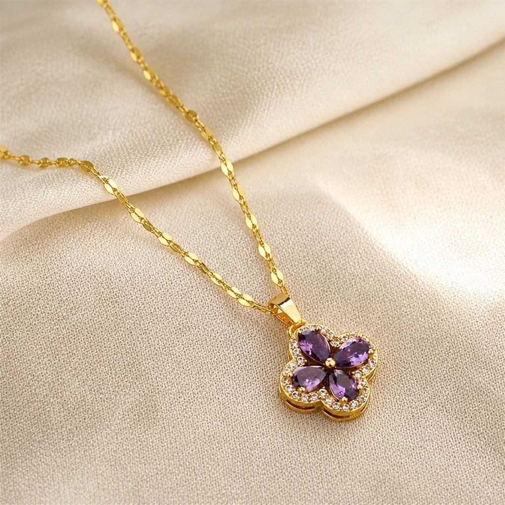 Four-Leaf Clover Amethyst Pendant Necklace with Halo Setting