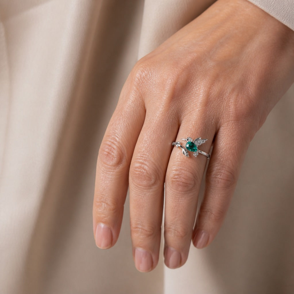 Hummingbird Ring with Teardrop Teal Crystal, Adjustable Silver-Tone Band — view 2