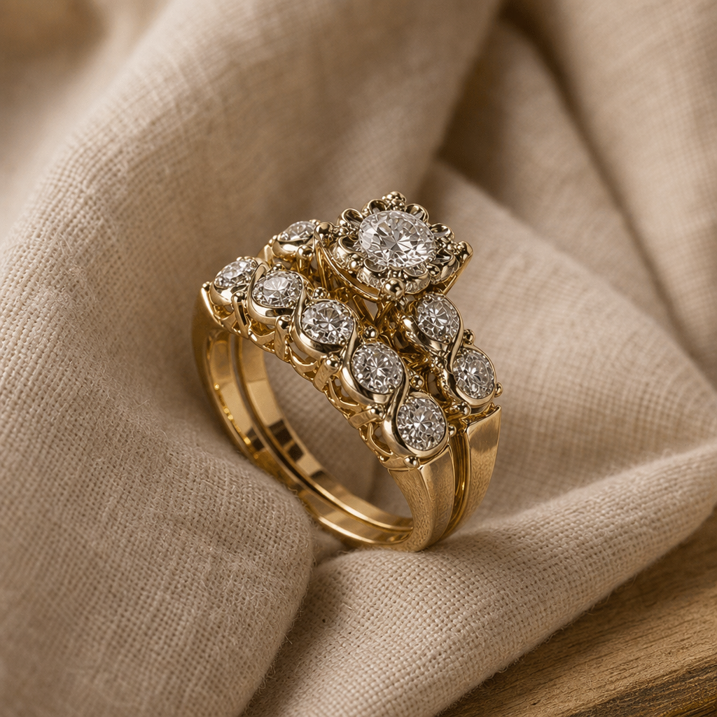 Cluster Halo Clear Stone Cocktail Ring with Vintage-Style Gold Band