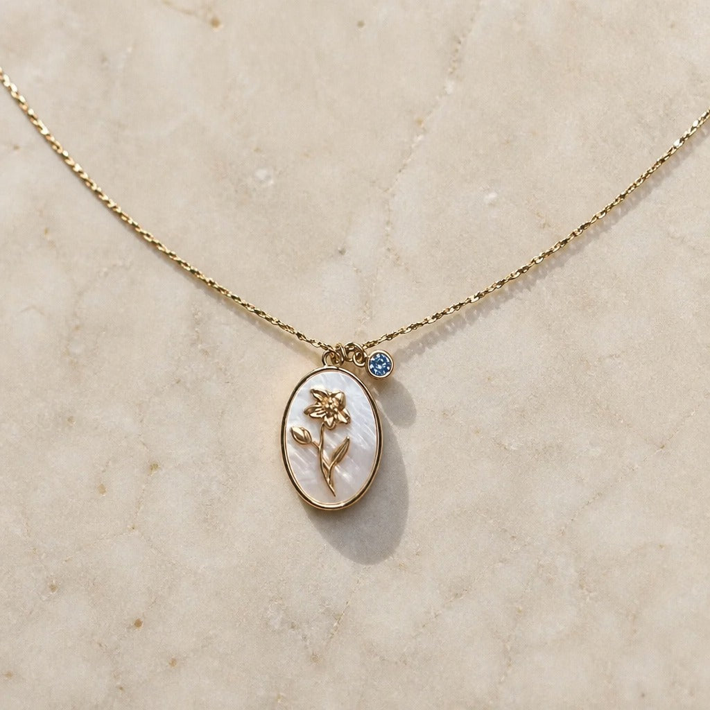 Oval Flower Pendant Necklace with Pearlescent Inlay and Birthstone Charm — view 4