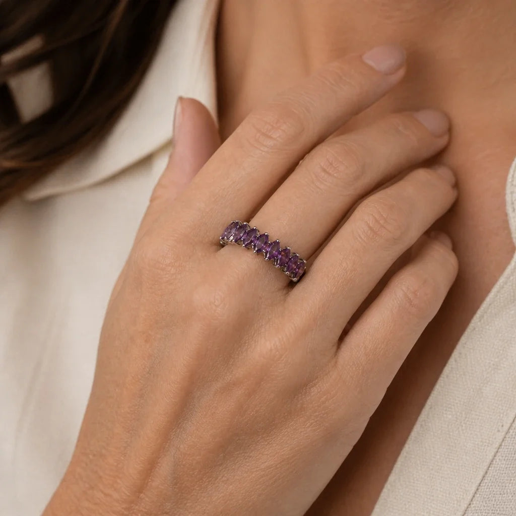 Marquise Amethyst Eternity Band Ring with Silver-Tone Setting