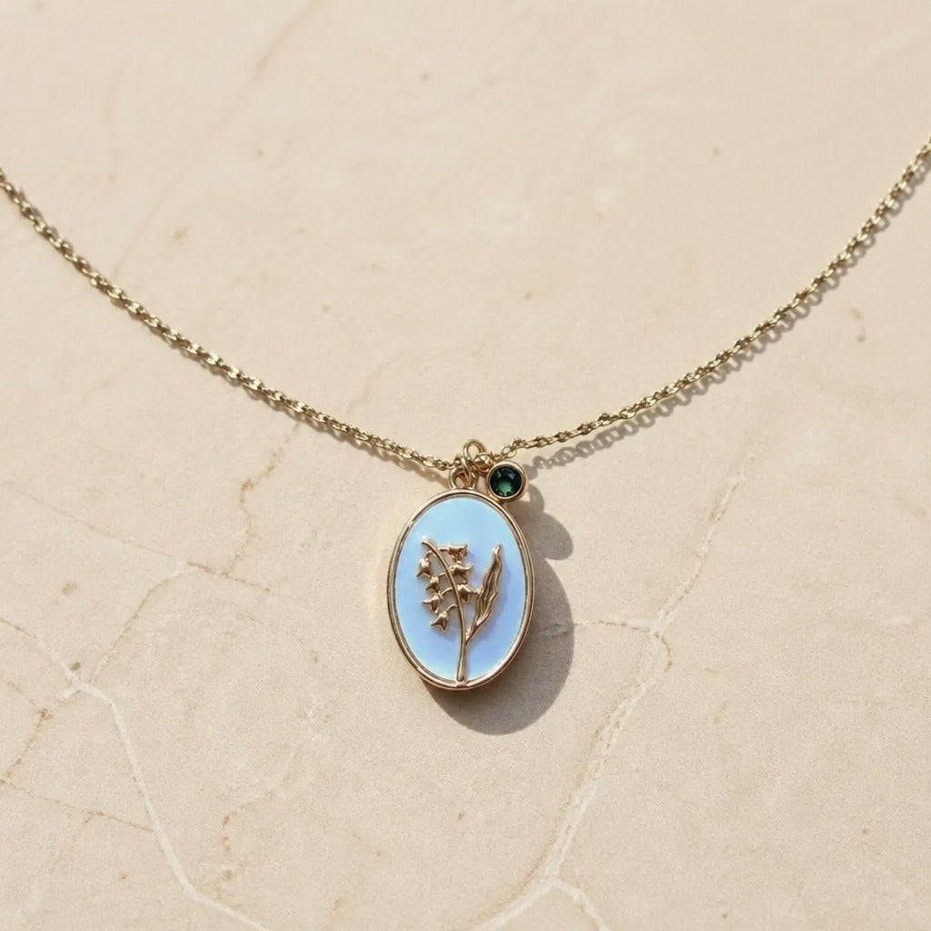Oval Flower Pendant Necklace with Pearlescent Inlay and Birthstone Charm — view 6