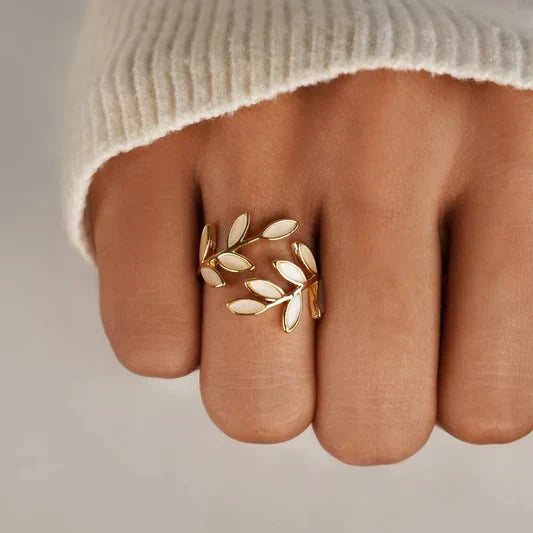 Multi-Leaf White Opal Adjustable Ring in Gold Tone — view 2
