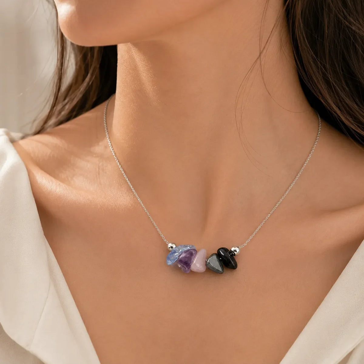 Raw Crystal Cluster Necklace with Amethyst, Rose Quartz and Blue Crystal