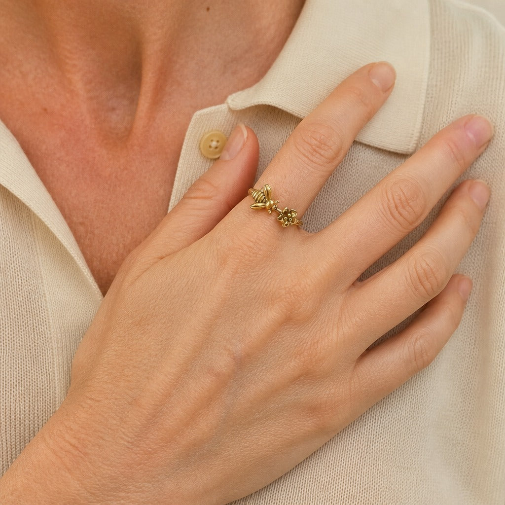 Bee & Flower Sculptural Ring, Gold-Tone Adjustable Open Band — main image