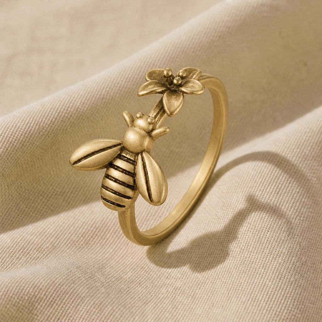 Bee & Flower Sculptural Ring, Gold-Tone Adjustable Open Band — view 2