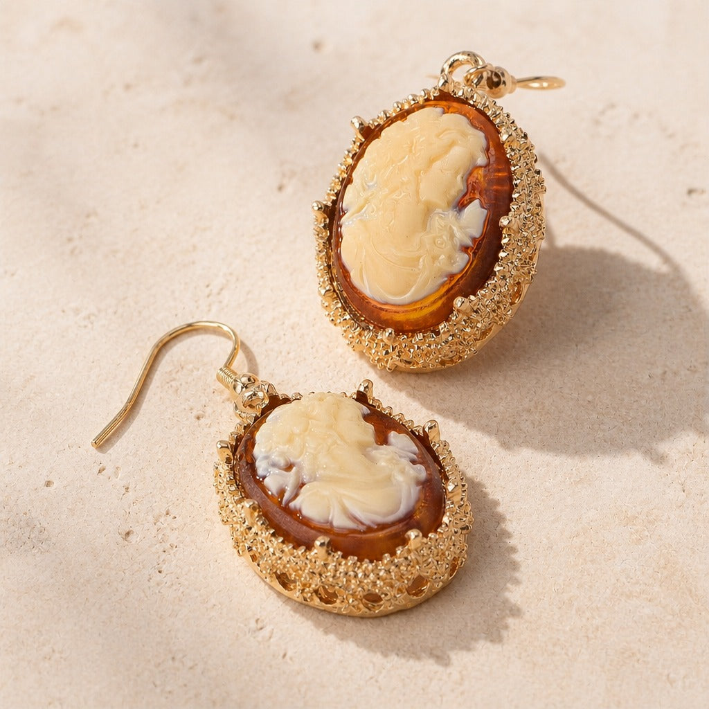 Oval Cameo Drop Earrings with Gold-Tone Filigree Bezel — view 2