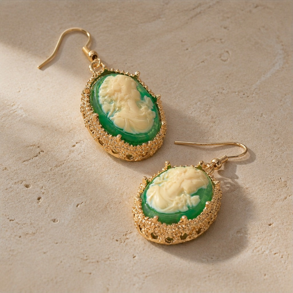 Oval Cameo Drop Earrings with Gold-Tone Filigree Bezel — view 4