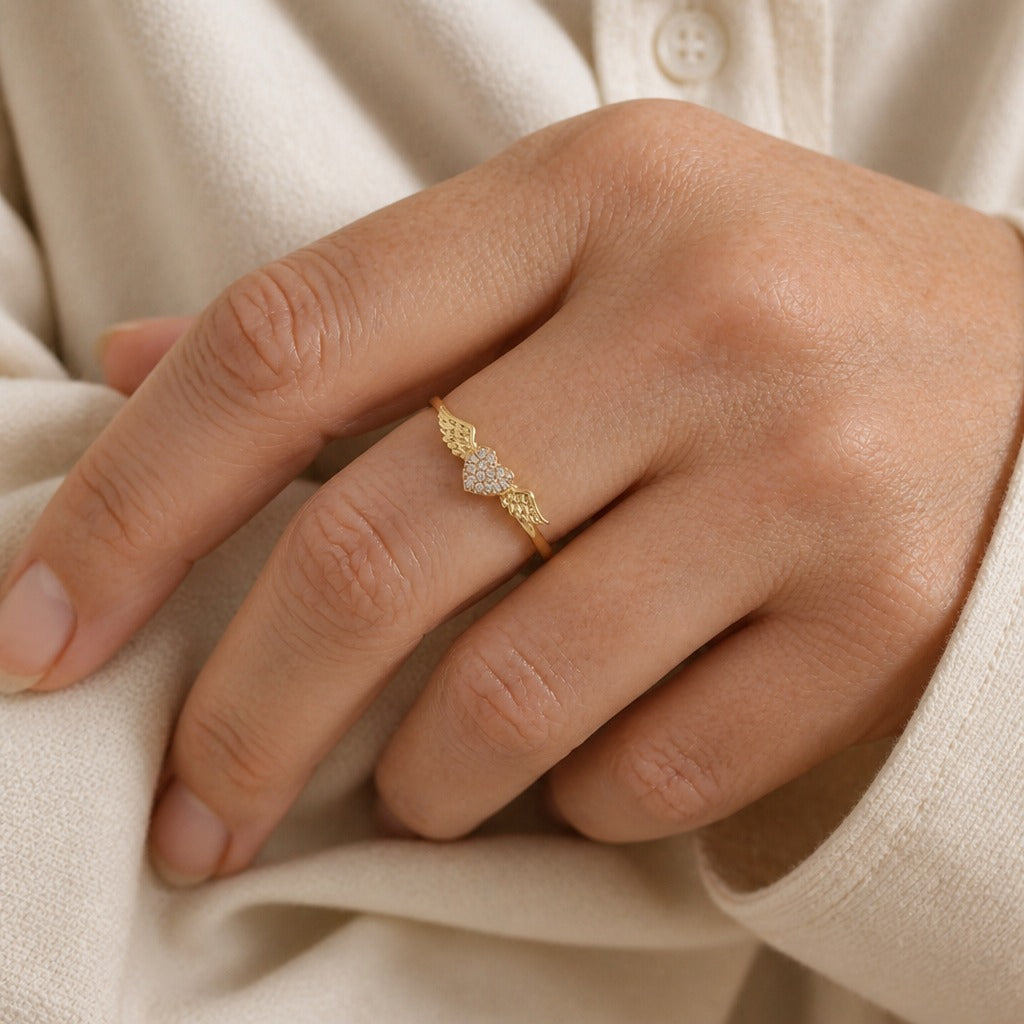 Winged Heart Ring with Crystal Pavé Center, Gold or White Gold Tone — main image