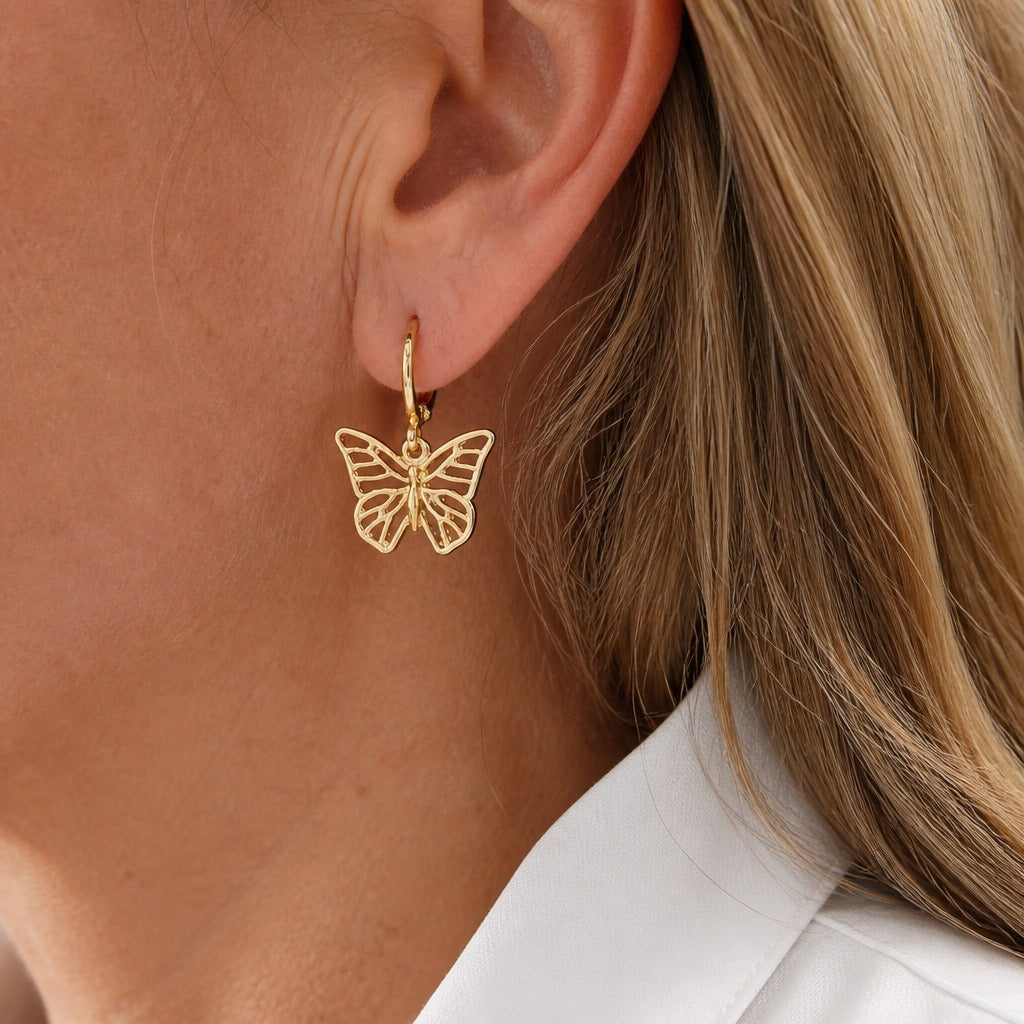 Butterfly Openwork Drop Earrings in Gold Tone with Leverback Closure — main image