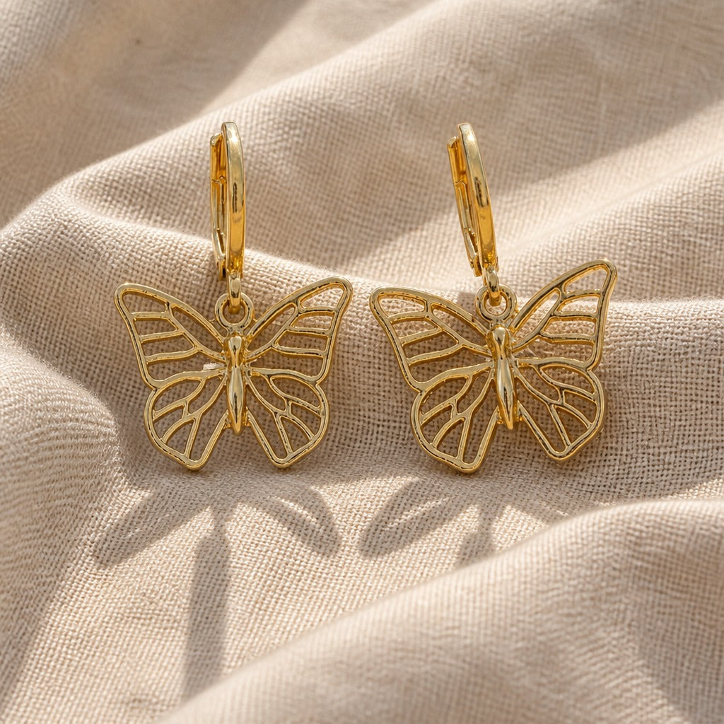 Butterfly Openwork Drop Earrings in Gold Tone with Leverback Closure — view 2
