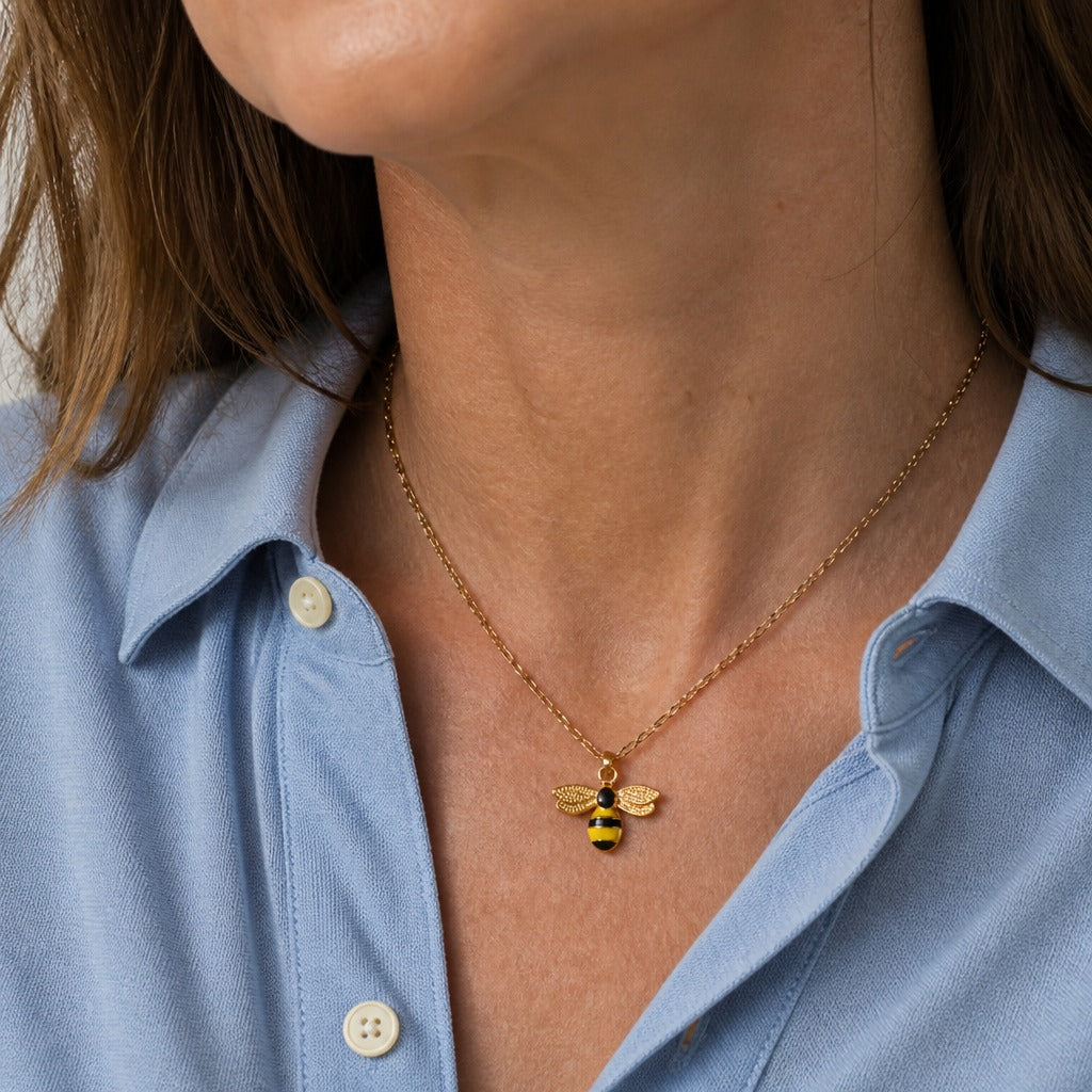 Bee Pendant Necklace with Striped Body and Textured Gold-Tone Wings — main image