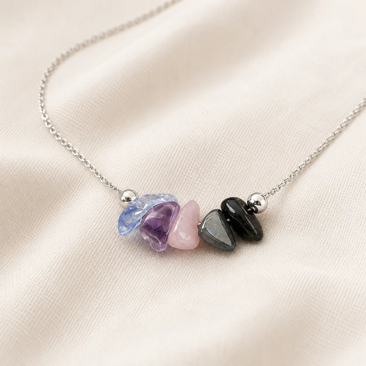 Raw Crystal Cluster Necklace with Amethyst, Rose Quartz and Blue Crystal