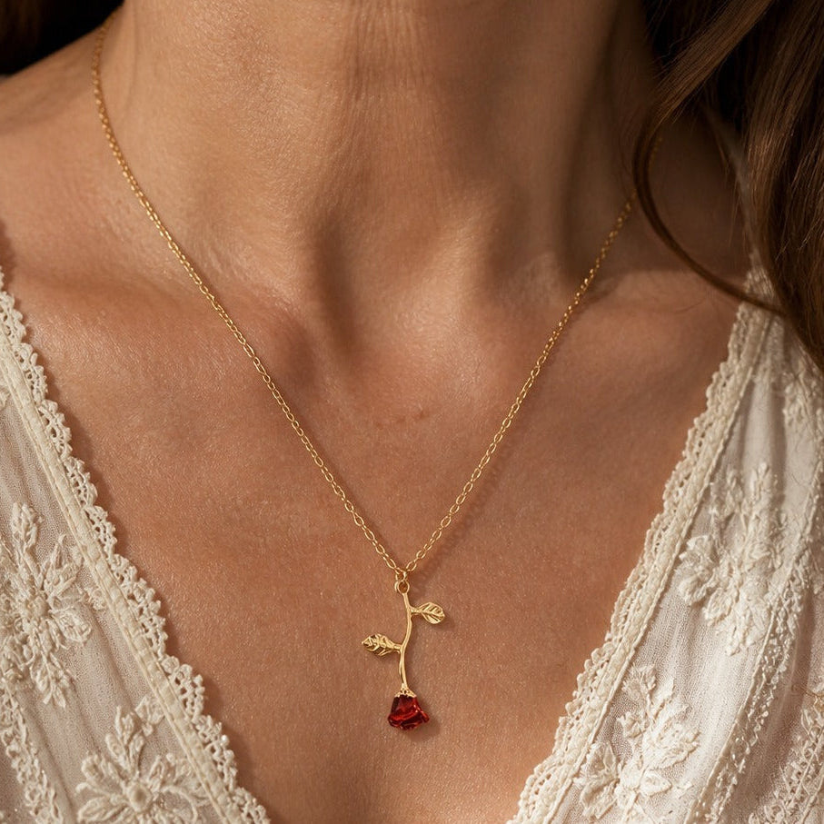 Sculpted Rose Pendant Necklace with Heart-Shaped Ruby-Red Stone — main image