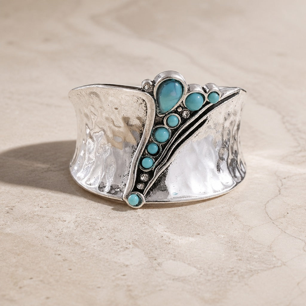 Turquoise Cluster Cuff Bracelet in Silver Tone with Crystal Accents — main image
