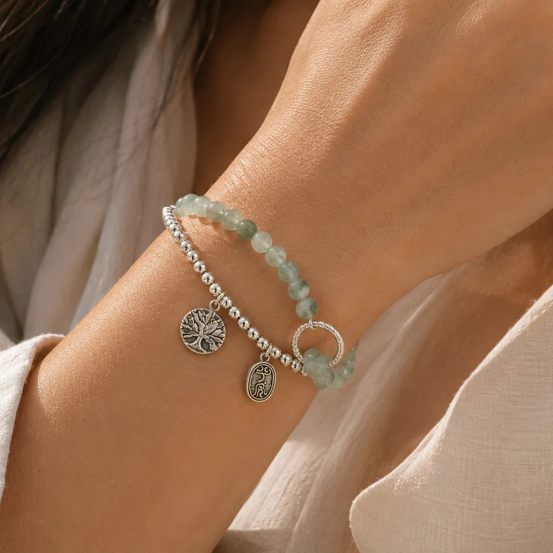 Moss Jade Double-Layer Beaded Bracelet with Tree of Life Charm — main image