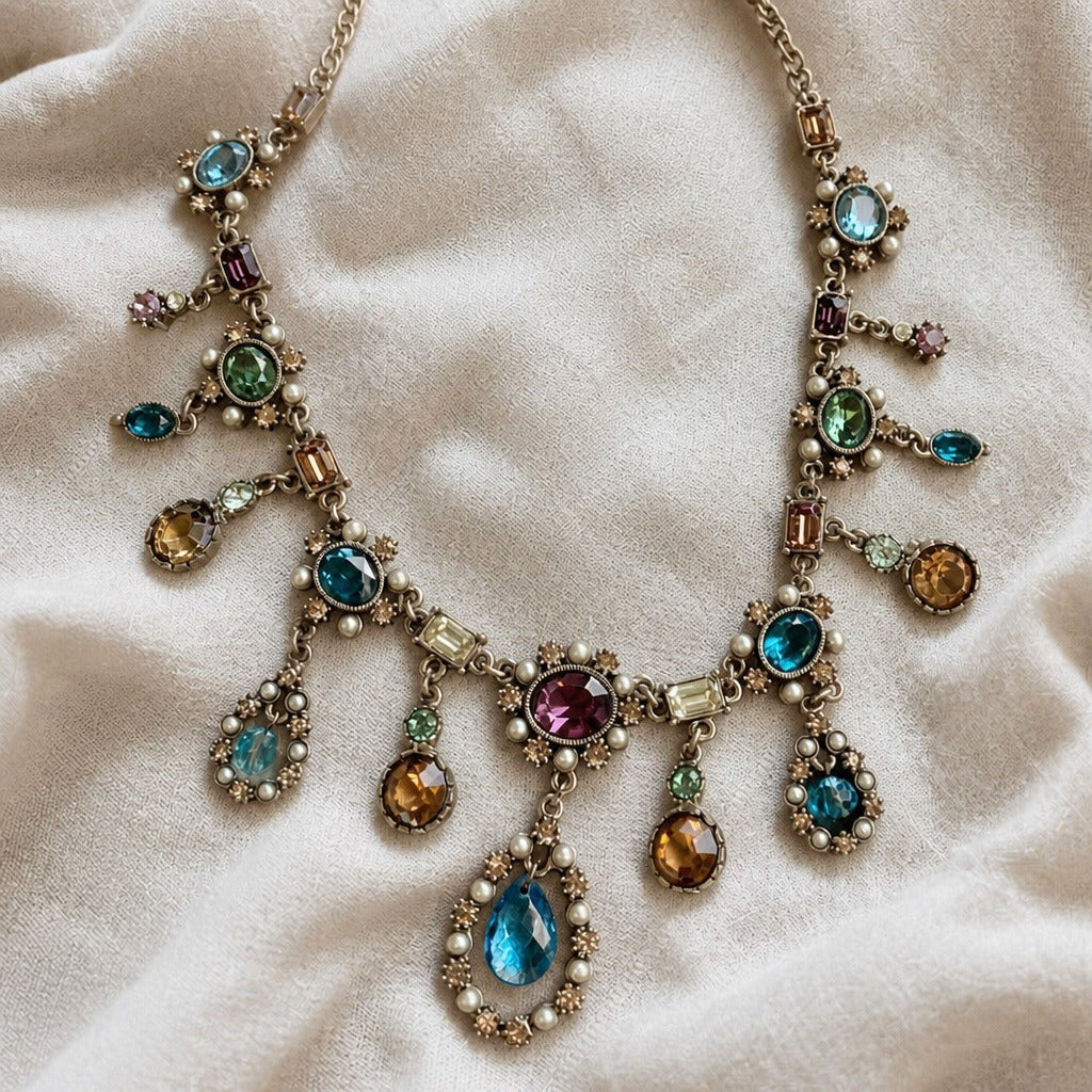 Tiered Multicolor Teardrop Necklace with Faux Pearl Accents — main image