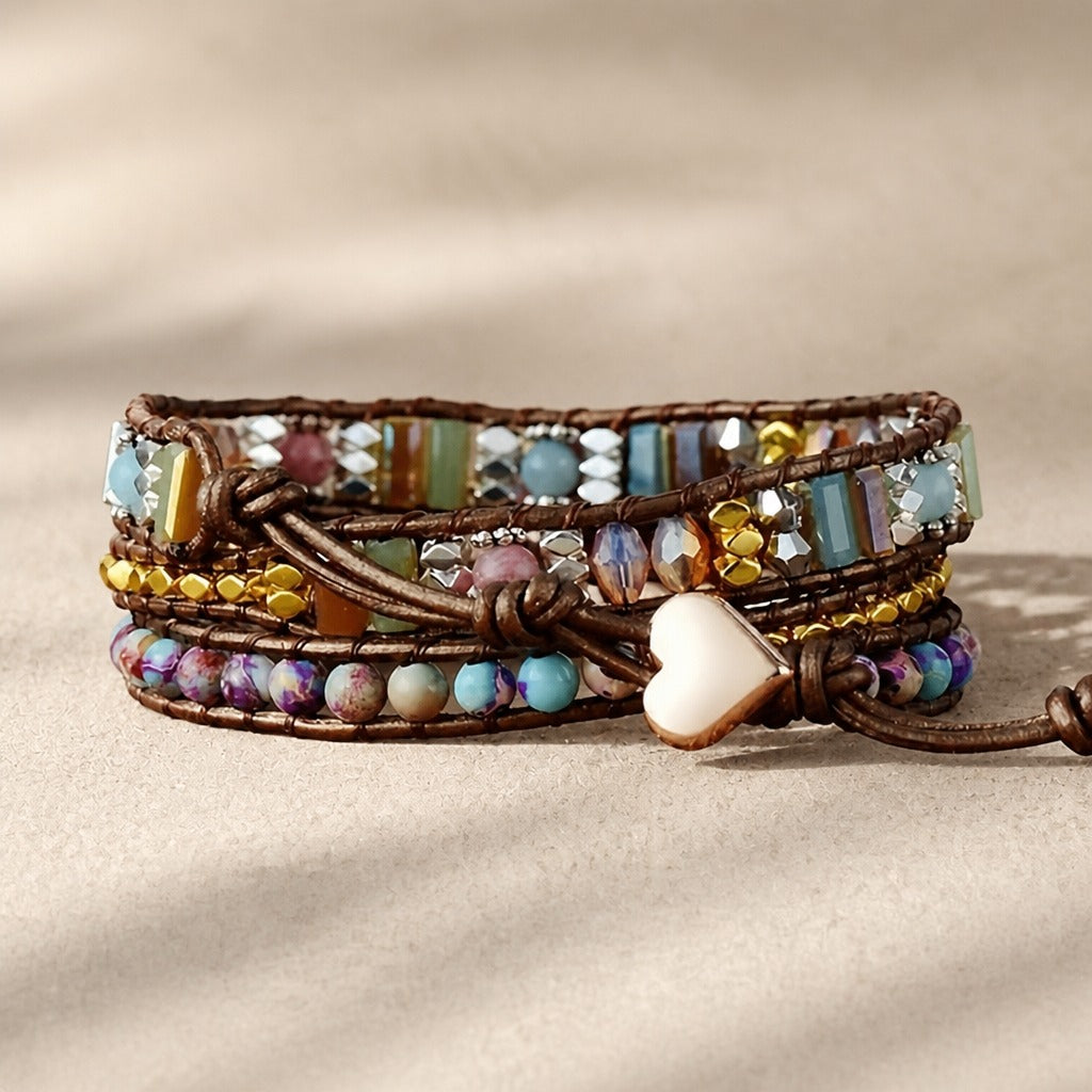 Multi-Wrap Beaded Bracelet with Natural Stones and Leather Cord — main image