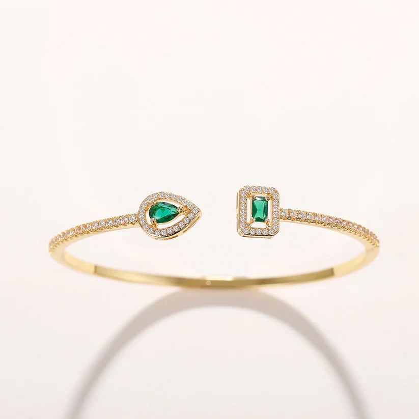 Dual Emerald Open Cuff Bracelet with Pavé Crystal Halo in Gold Tone — view 5