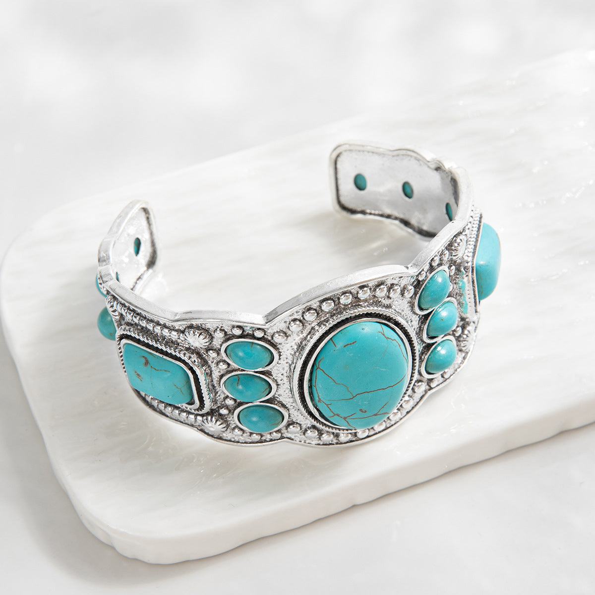 Turquoise Cluster Cuff Bracelet with Beaded Silver-Tone Metalwork