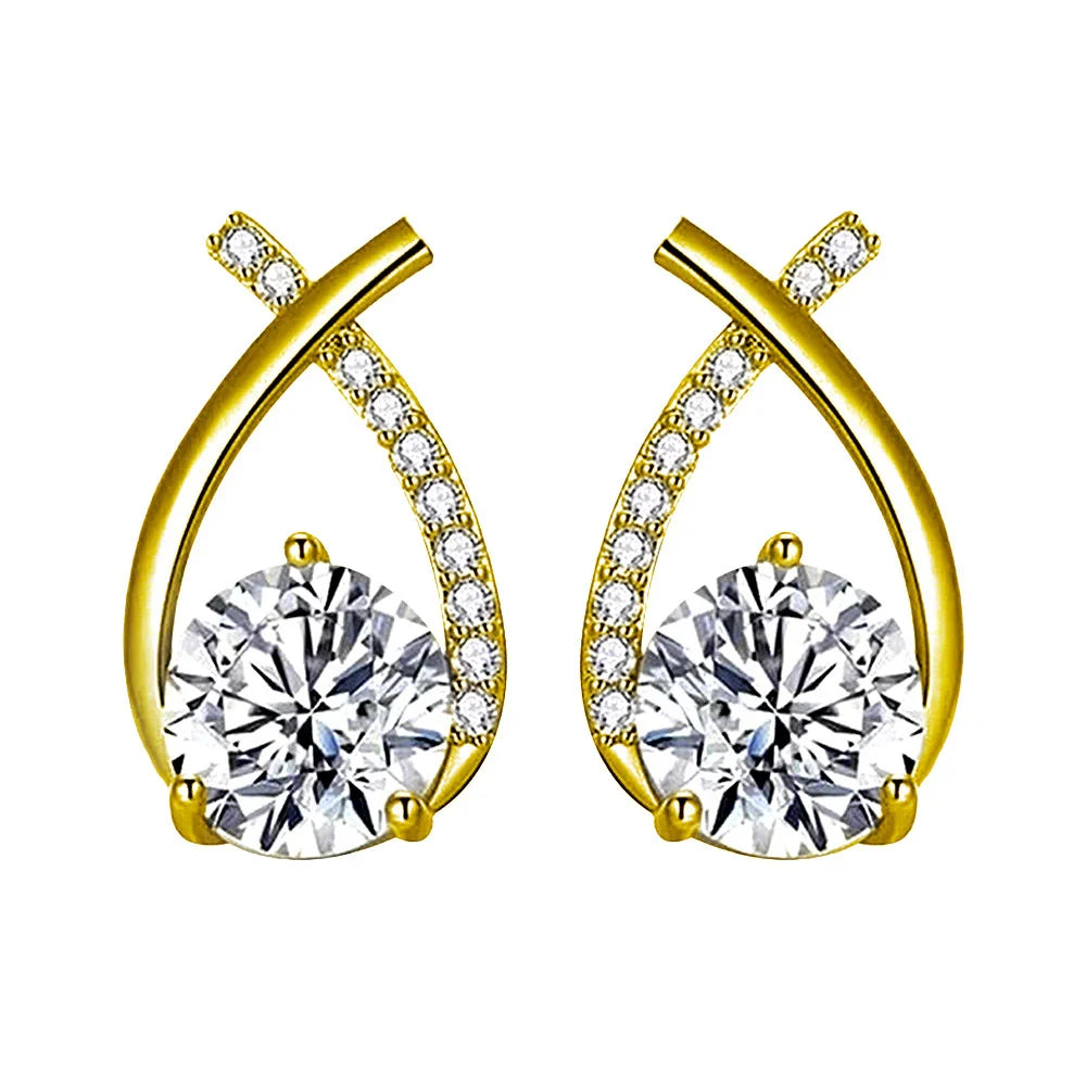 Teardrop Halo Stud Earrings with Crossover Bar in Gold Tone — main image
