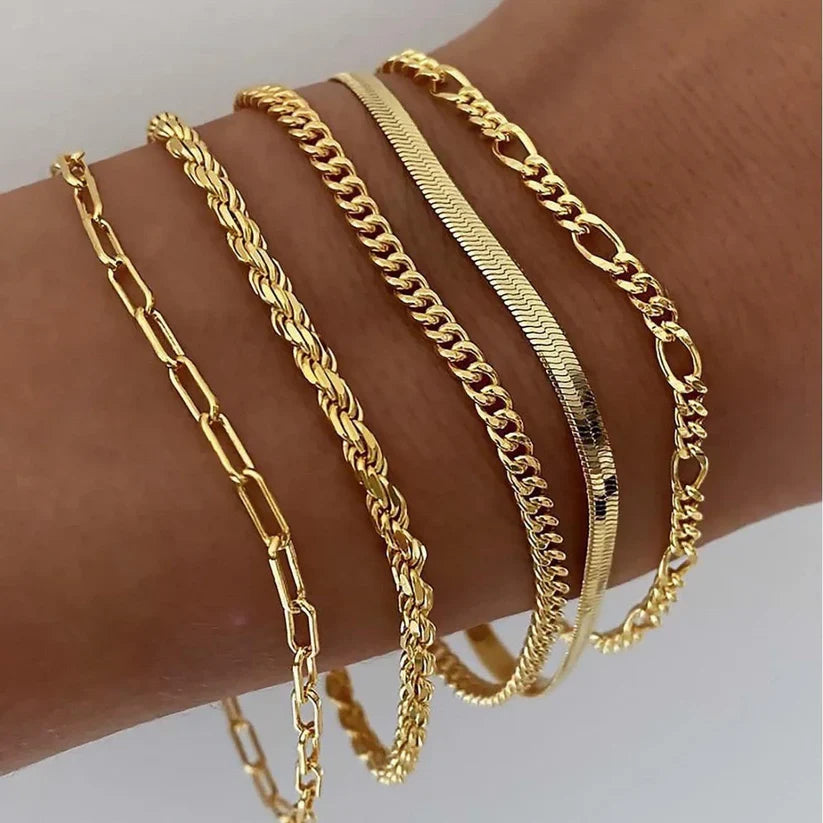 5-Piece Layered Bracelet Set with Paperclip, Curb, and Figaro Chains — view 2