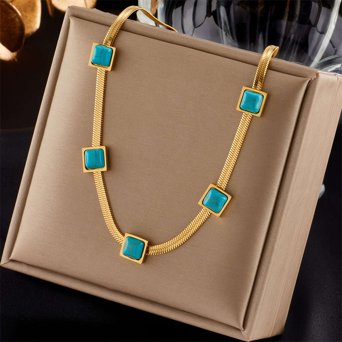 Turquoise Square Station Necklace with Gold-Tone Snake Chain
