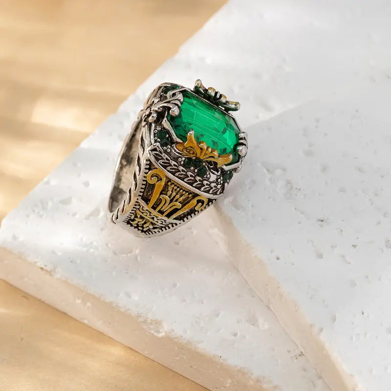 Rectangular Emerald Ring with Ornate Carved Band in Mixed Metal Tones