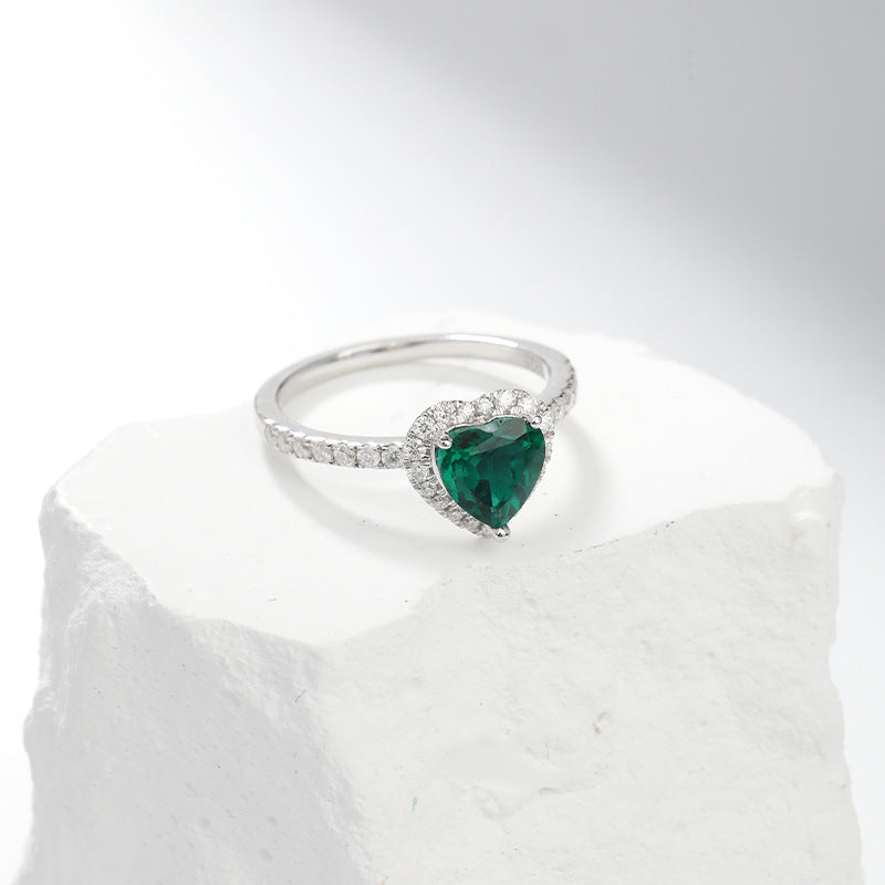 Heart-Shaped Emerald Ring with Pavé Halo in White Gold Tone