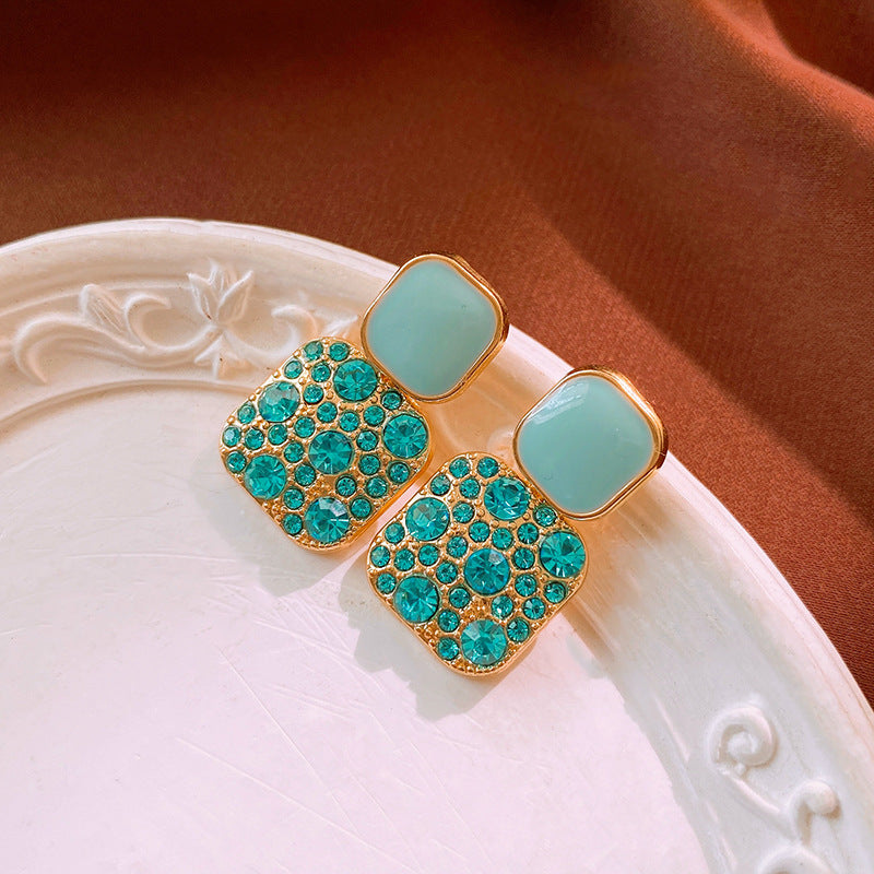 Turquoise Cabochon Drop Earrings with Crystal Pavé Accent