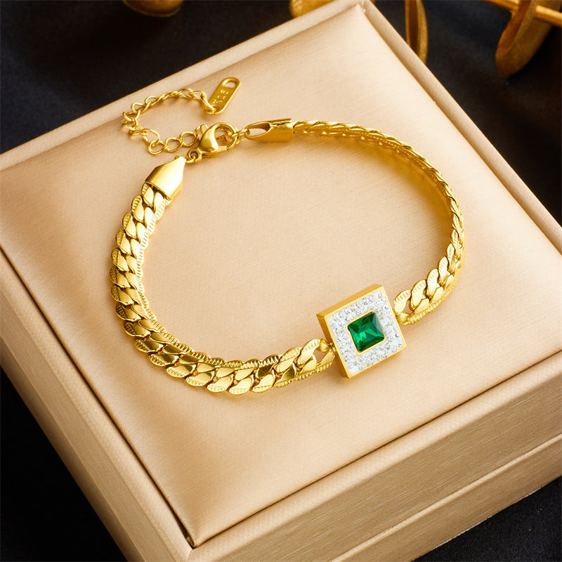 Square-Cut Emerald Bracelet with Crystal Halo, Gold Curb Chain
