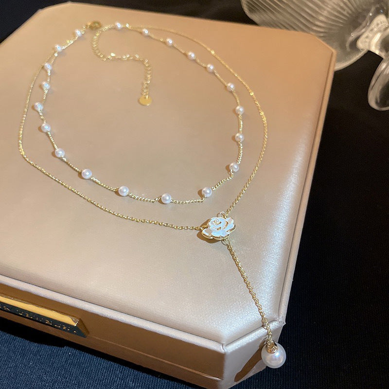 Floral Pearl Pendant Necklace with Double-Layered Gold-Tone Chains — view 2