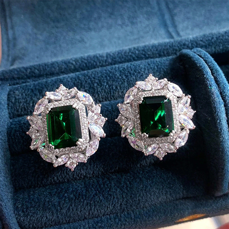 Emerald-Cut Green Stone Stud Earrings with Diamond Halo, White Gold Tone