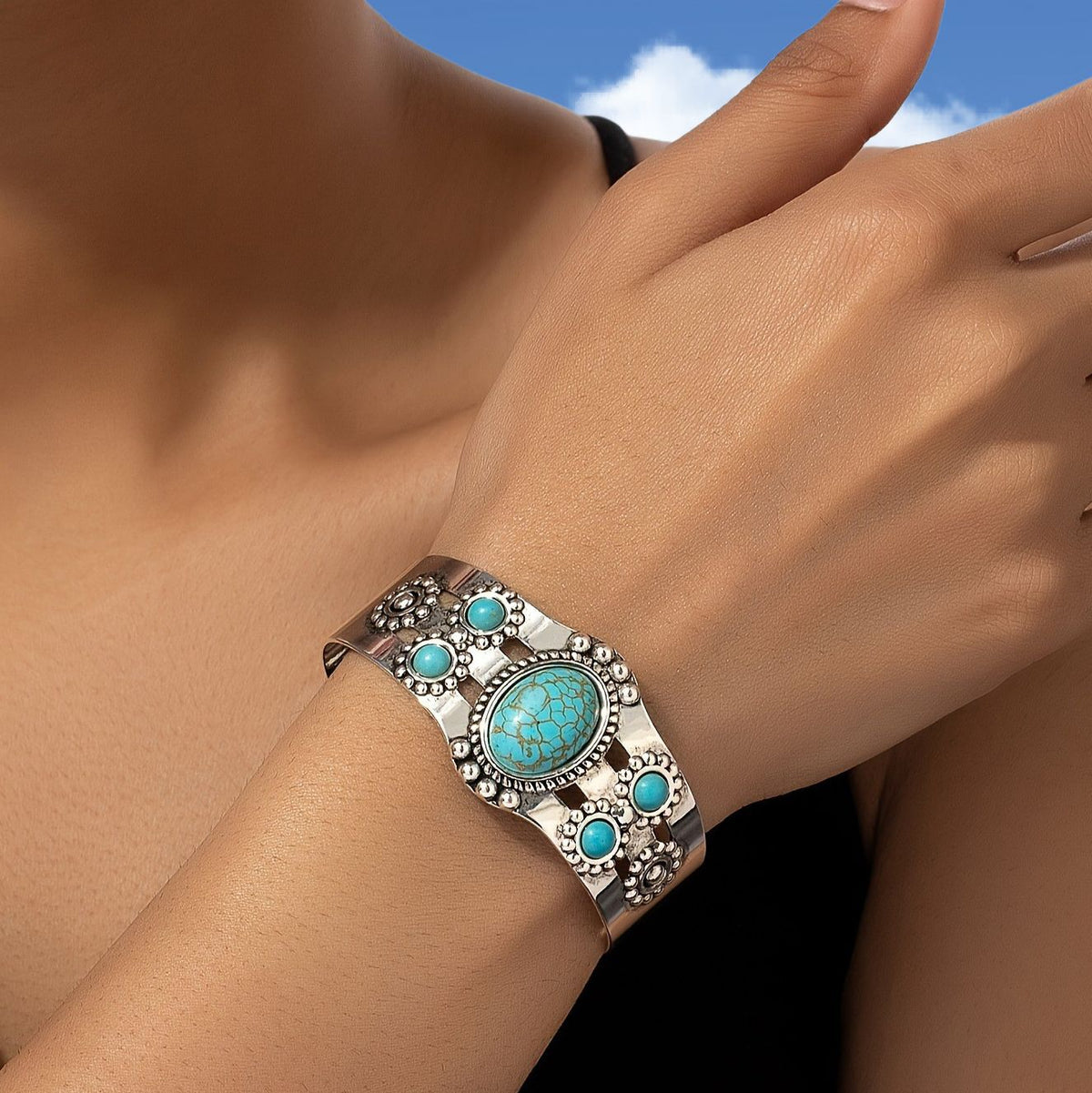 Oval Turquoise Cuff Bracelet with Beaded Silver-Tone Detail