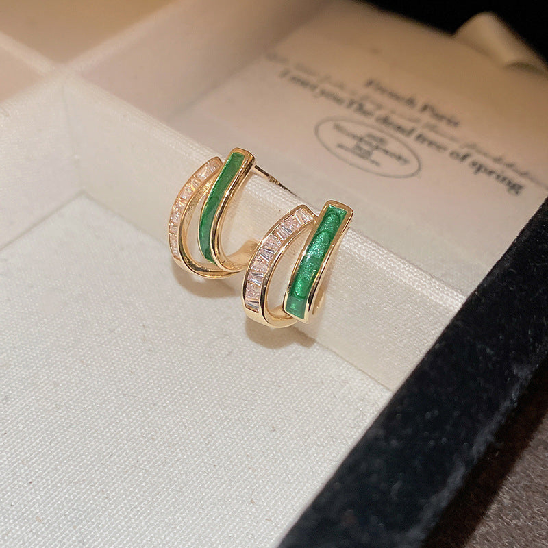 Emerald Baguette Hoop Earrings with Crystal Accents in Gold Tone
