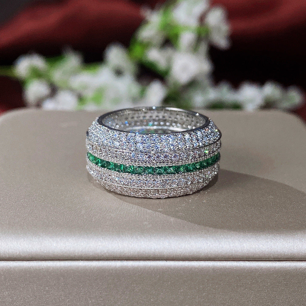 Emerald Stripe Pave Diamond Cocktail Ring, Wide Band