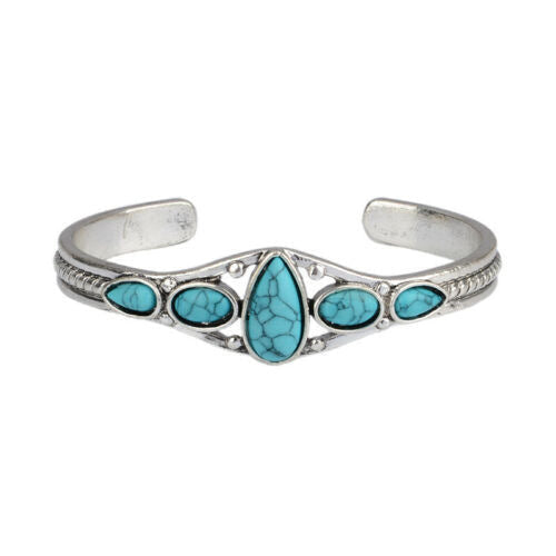 Turquoise Oval Cuff Bracelet with Antiqued Silver Rope Edge