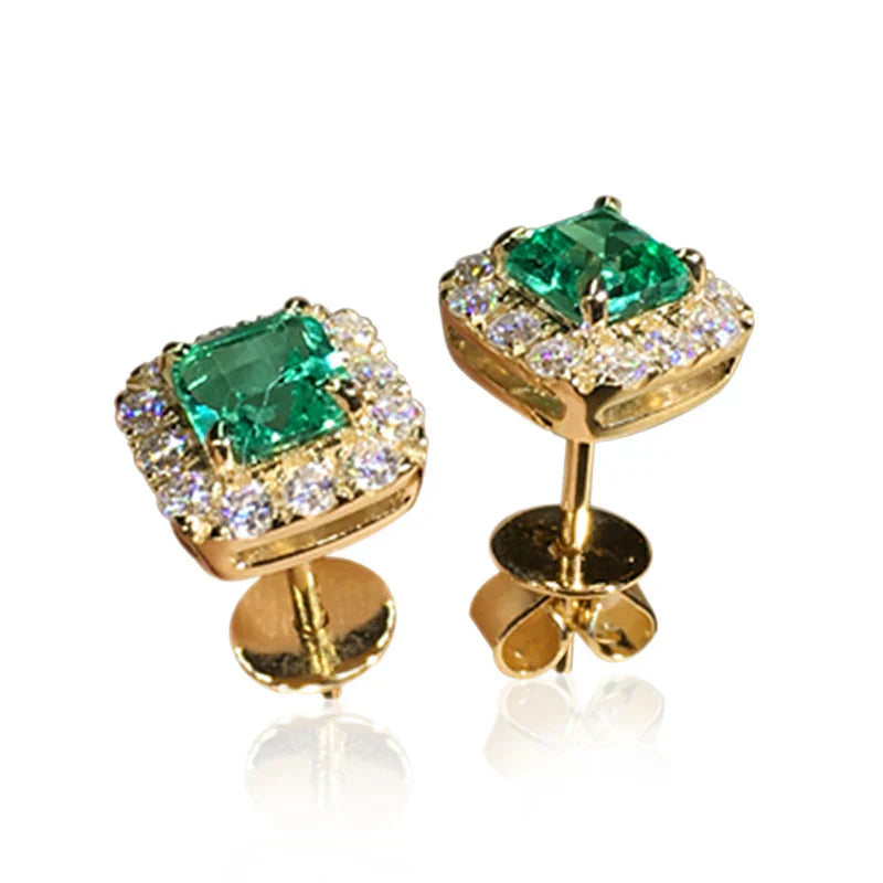 Square Emerald-Cut Green Stone Stud Earrings with Clear Halo