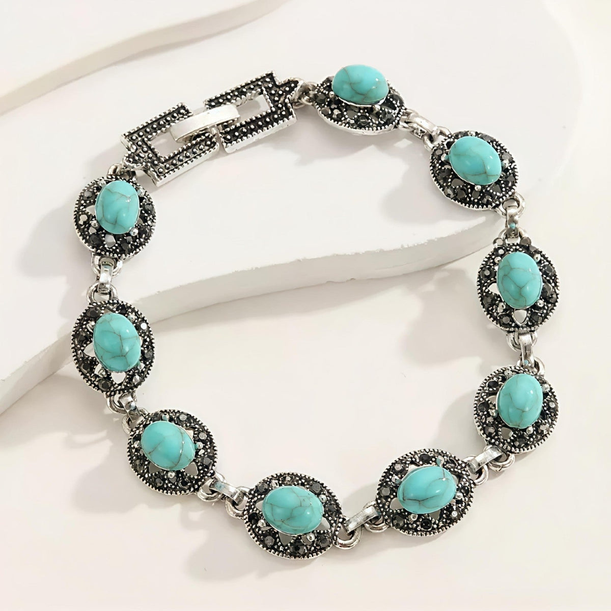 Oval Turquoise Tennis Bracelet with Marcasite Halo Detail